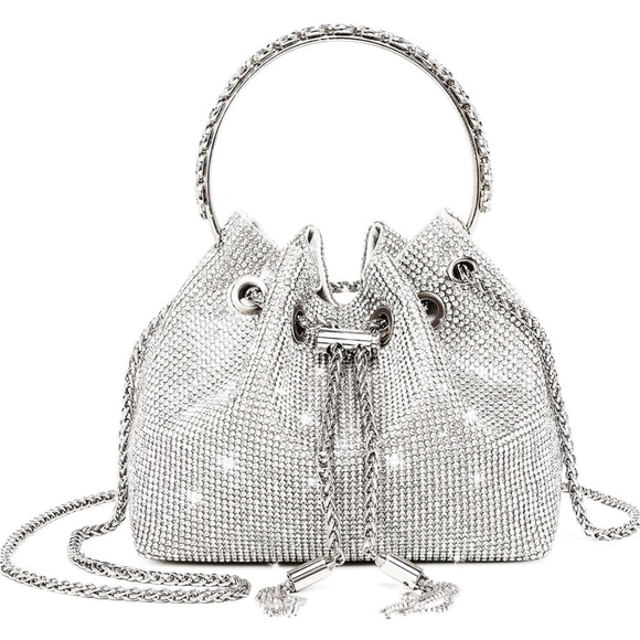 Amazon Handbags - Amazon Silver Crystal Mini Drawstring Bucket Bag